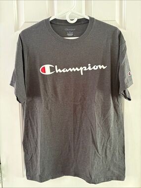 Champion Gray Short Sleeve Tee with White Script and Red Logo